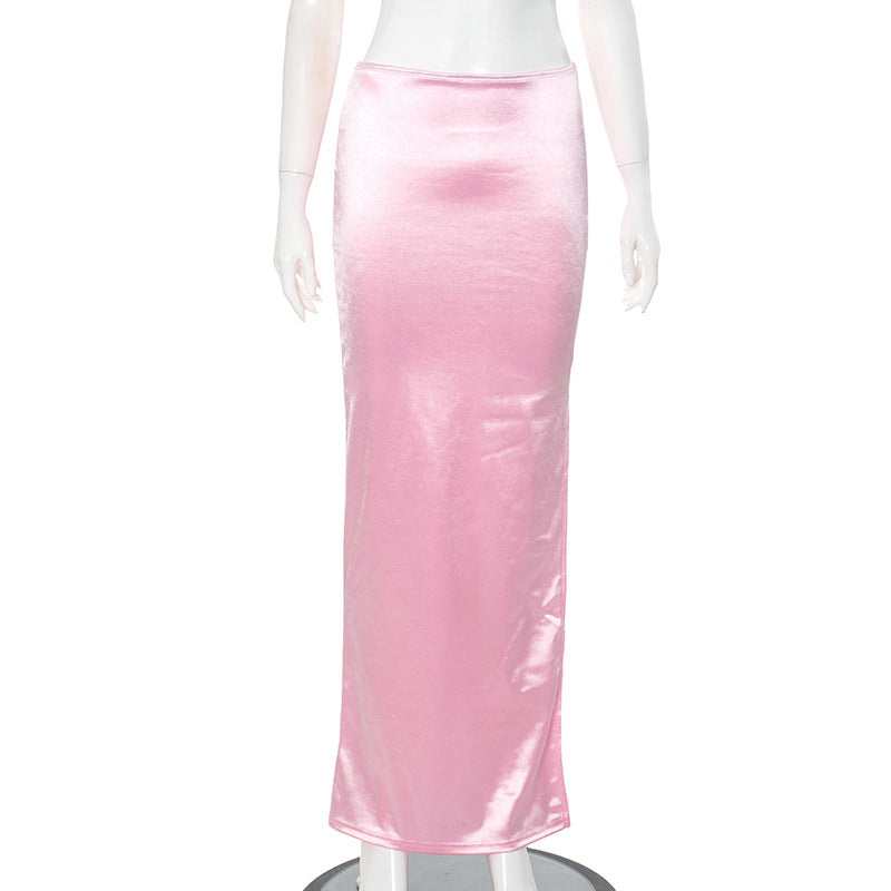 Women Summer Solid Color Personalized Bright Slit Slim Fitting Sheath Long Skirt