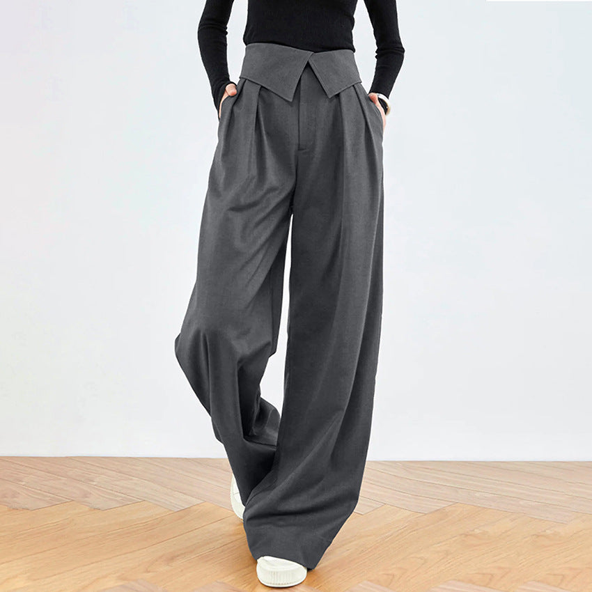 Pantalones de pierna ancha de cintura alta para oficina, pantalón informal, color gris, holgado, clásico, de primavera