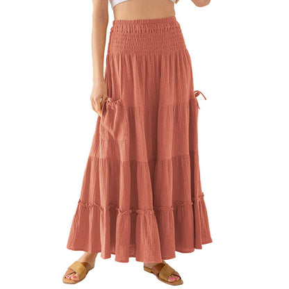 Women Ultra Long Bohemian Dress Summer Elegant Renaissance Pocket Cotton Double Layer Gauze Skirt