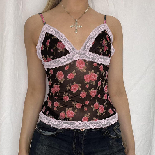 Camisola de malla con costuras de encaje con estampado de rosas de vacaciones francesas, chaleco delgado transparente sexy retro sexy