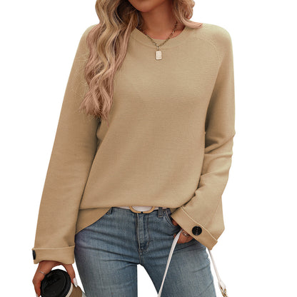 Women Clothing Popular Women Round Neck Button Cored Yarn Long Sleeve Sweater Women