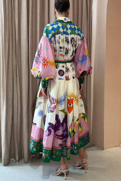 Vestido suelto de manga larga con estampado de swing de gran tamaño plisado de palacio francés retro