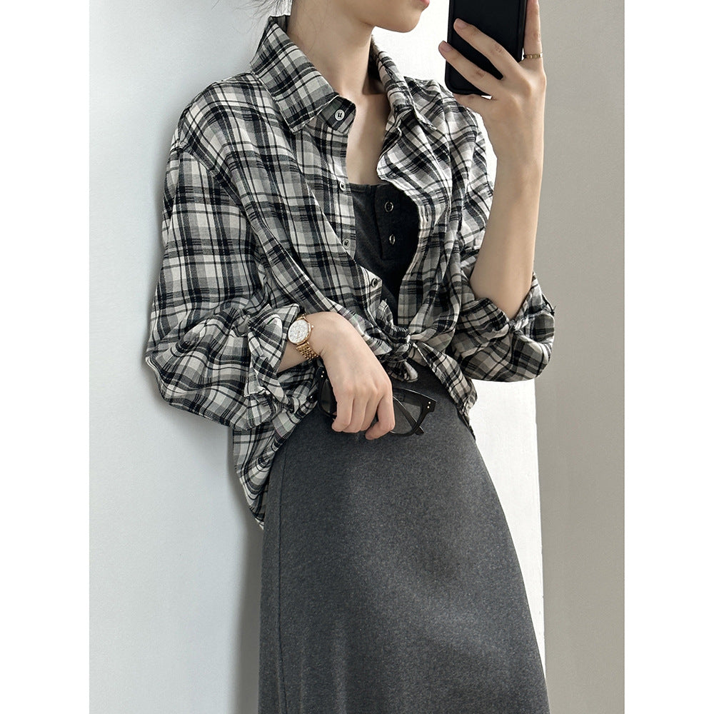 Retro Hong Kong Loose Plaid Long Sleeved Shirt for Women Summer Stylish Shirt Top