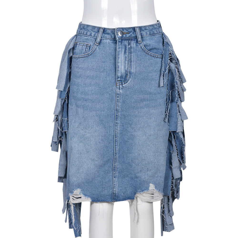 Frühling Sommer Damen Kleidung Personalisierte Denim Washed Tassel Tatted Rock