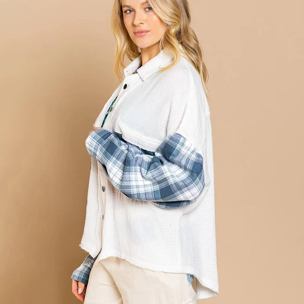 Popular Women Shirt Classic Plaid Stitching Zou Cotton Shirts