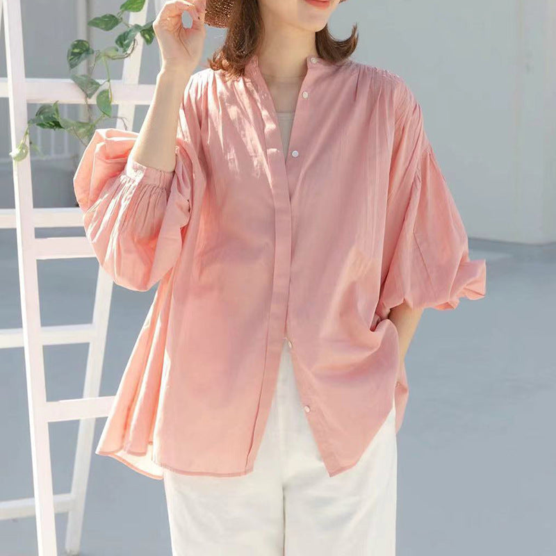 Summer Sweet Women Sun Protection Shirt Mid Length Drop Shoulder Sleeve Solid Color Loose Cotton Women Shirt