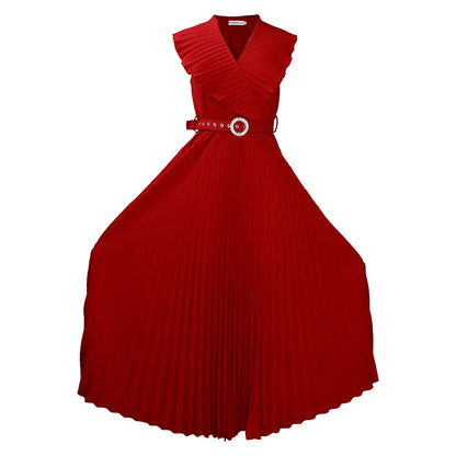 With Belt Summer Women Clothing Sexy Ruffles Pleated Wide Hem Maxi Dress