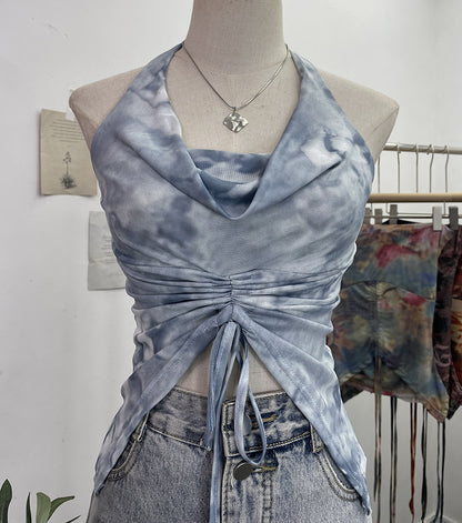 Vacation Halter Swing Collar Drawstring Lace Camisole Tie Dyed Short Mesh Sleeveless Top