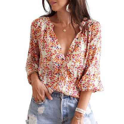 Shiying Floral Print Low V-neck Pullover Shirt Women Spring Autumn Loose Long Sleeve Bohemian Shirt