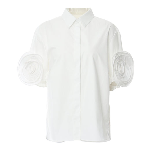 Spring Design Floral White Short Sleeved Shirt Women Niche Shirt Workplace Top