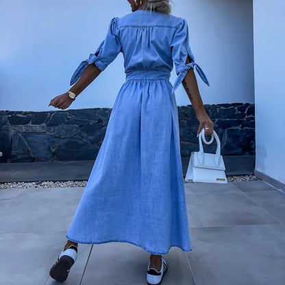 Women Clothing Sexy V Neck Long Button Denim Dress