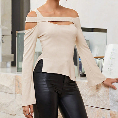 Women Clothing Irregular Asymmetric Sexy Off Shoulder Long Sleeve Slim Niche Short Strapless Top