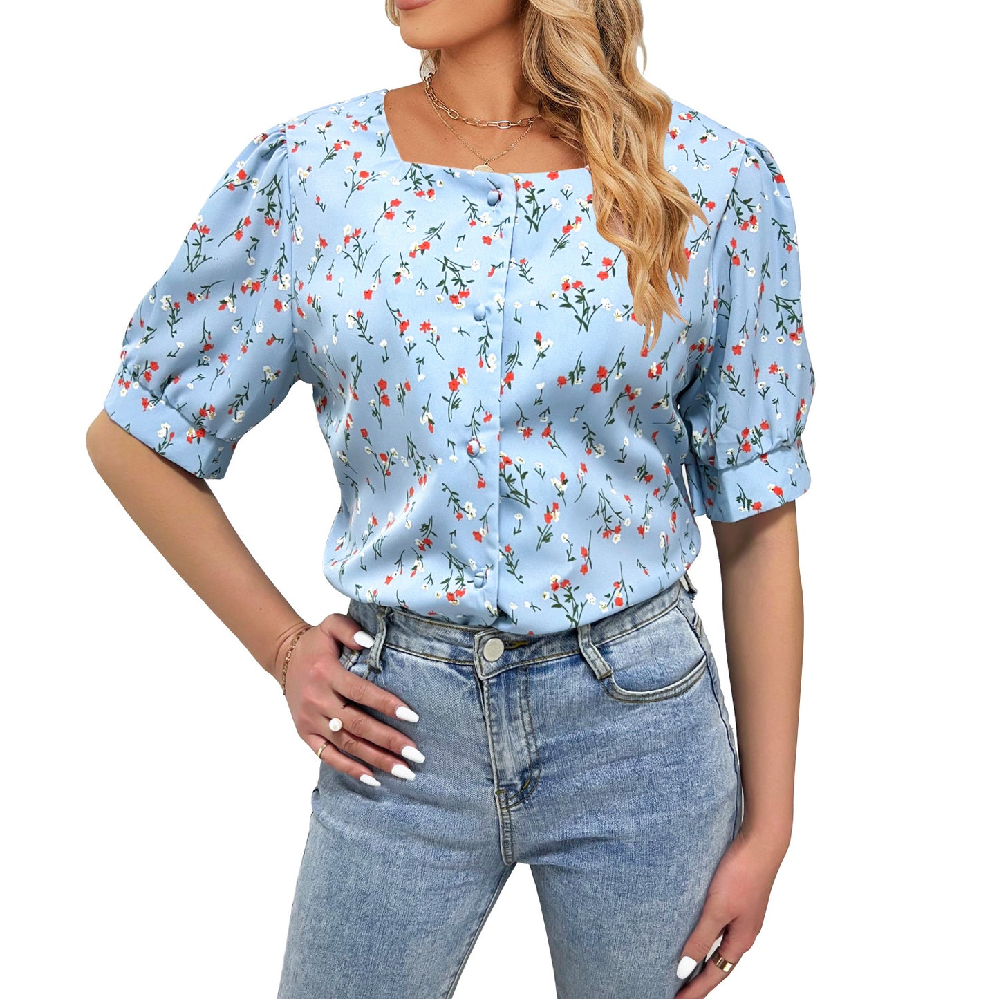 Women Summer Printed Single Breasted Short Sleeve Top