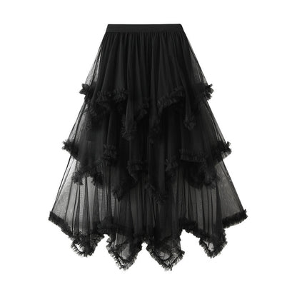 Wooden Ear Irregular Asymmetric Mesh Tiered Skirt Mid Length High Waist Big Swing Puffy Fairy Gauze Dress Long Skirt