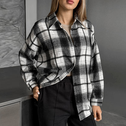 Retro Classic Loose Black White Plaid Shirt Casual Popular Long Sleeve Shirt Women