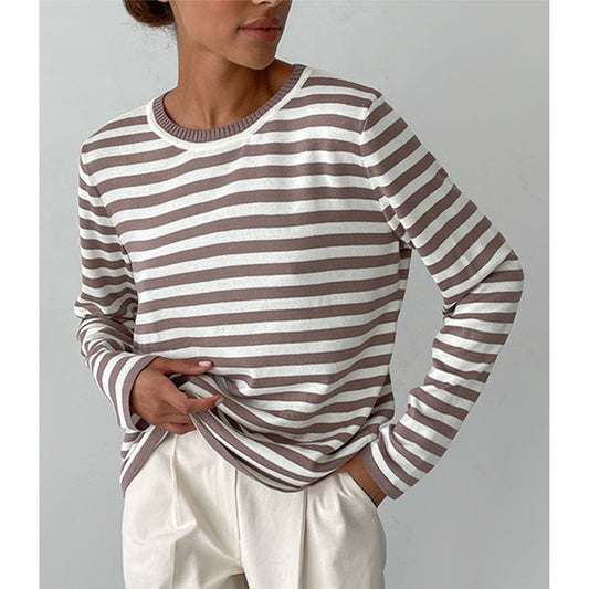 Round Neck Knitted Striped Sweater Autumn Winter Wild Classic Retro Striped Pullover Sweater for Women