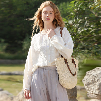 Spring Summer Lantern Sleeve Loose Thin Shirt Women French Pastoral round Neck Button Shirt Sunscreen Cardigan