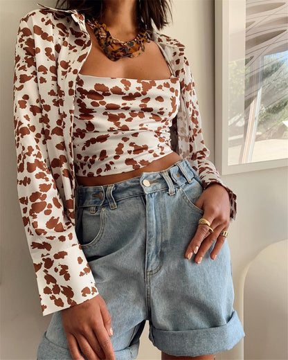 Women Clothing Fashion Shirt Leopard Print Long Sleeve Plus Size Shirt Two-Piece Set