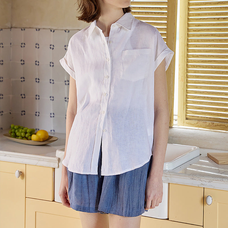 Summer French Niche Design Pure Linen Shirt Simple Comfortable Loose Lapels Short Sleeve Shirt for Women