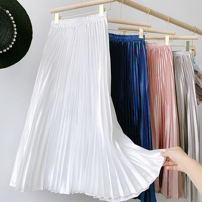 Metallic Coated Fabric High Waist Satin Pleated Skirt Spring Summer Women Retro Mid-Length Slimming A- line Skirt