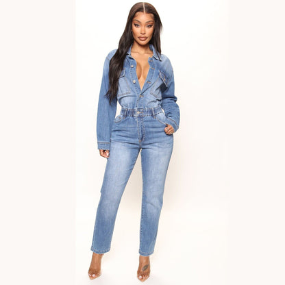 Women Slim Elastic Feet Wash Denim Jumpsuit