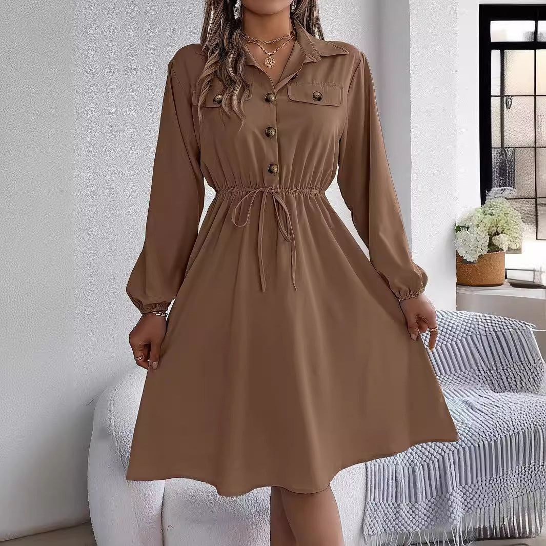 Real Shot Herbst Winter Casual Button Schnürung Taille Kontrollierte Langarm Shirt Kleid Frauen Kleidung