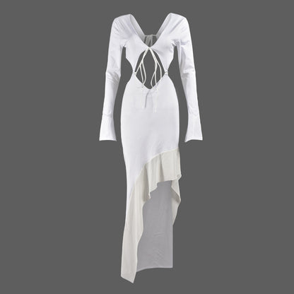 Summer Sexy Street Women Clothing Wrapped Chest Long Sleeve V Neck Lace Up Maxi Dress Women