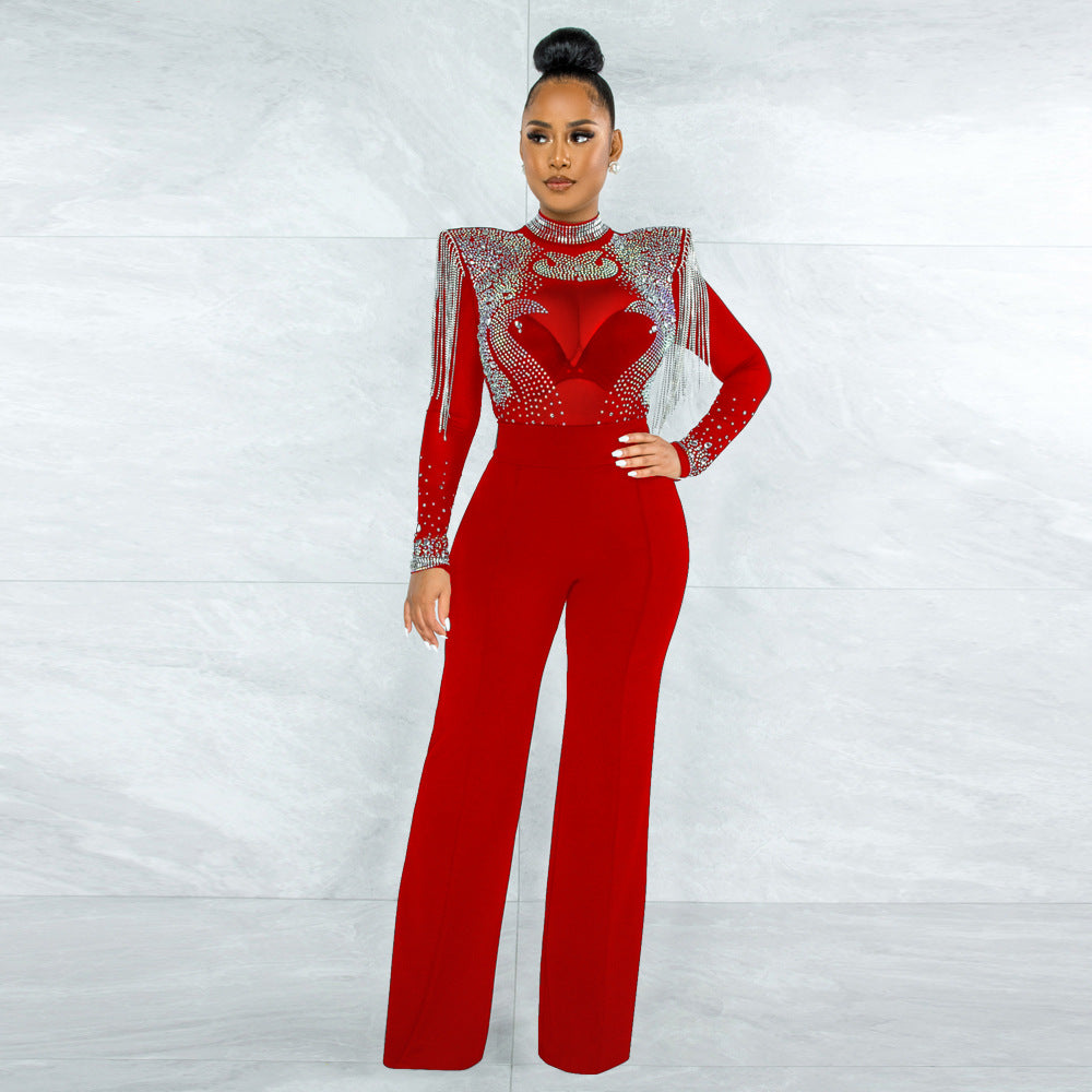 Sexy Casual Slim Fit Turtleneck See Through Rhinestone Tassel Jumpsuit Women