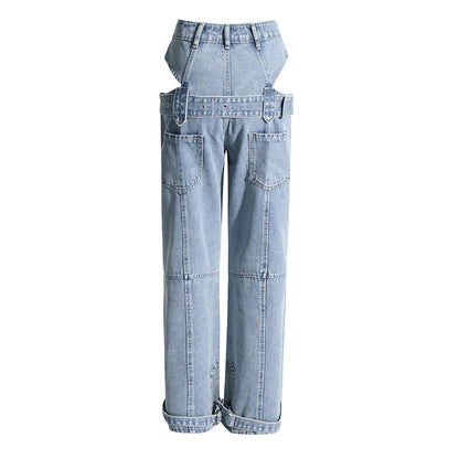 Frühling Cropped Outfit Gerade Bein Hosen Design Overalls Hosen Washed Jeans Frauen