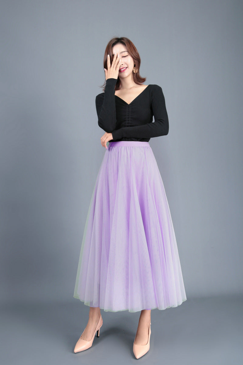 Spring Swing Puffy Ankle Length Skirt High Waist Slim Fit Fairy Skirt Tulle Skirt A Line Skirt