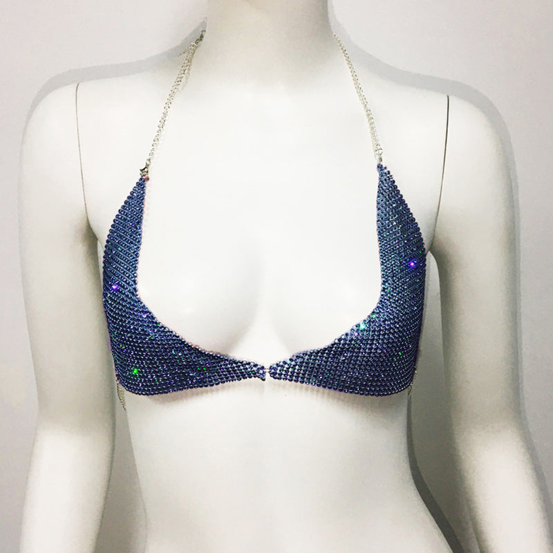 Ropa de mujer Body Cha Bikini exagerado con diamantes de imitación, collar en el pecho, sujetador Sexy con tirantes finos y cuello Halter para discoteca