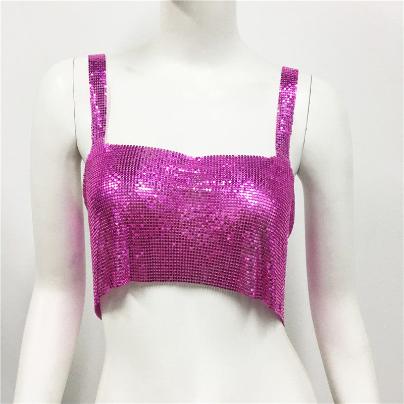 Ropa de mujer Chaleco de lentejuelas de metal Sexy Fiesta Discoteca Dulce Picante Lentejuelas Sling