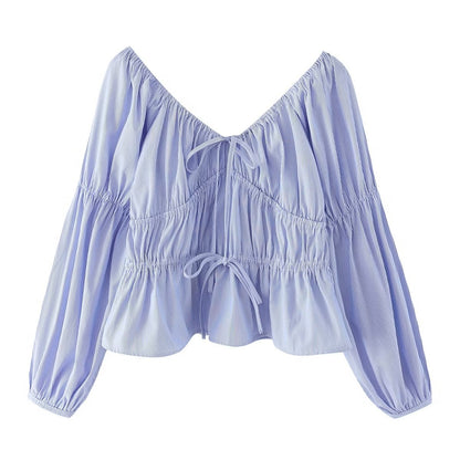 Jersey de rayas de primavera para mujer, cuello en V, encaje, manga larga, top holgado