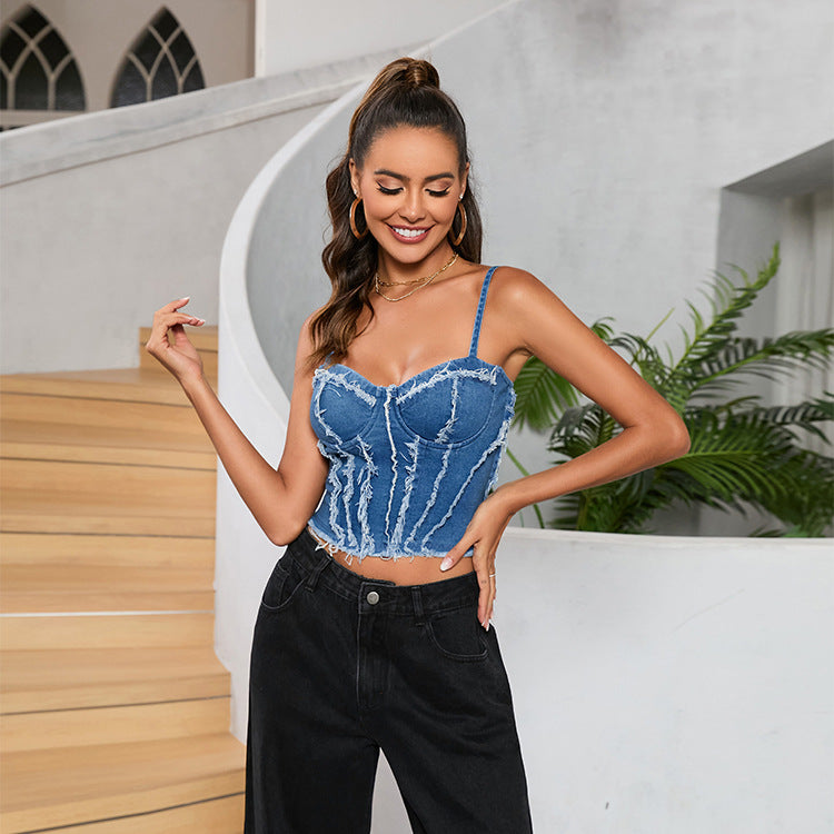 Sexy Wear Damen Kleidung Denim Bandeau Camisole Patchwork Taillenformung Süße Coole Hosenträger Kleines Top Damen