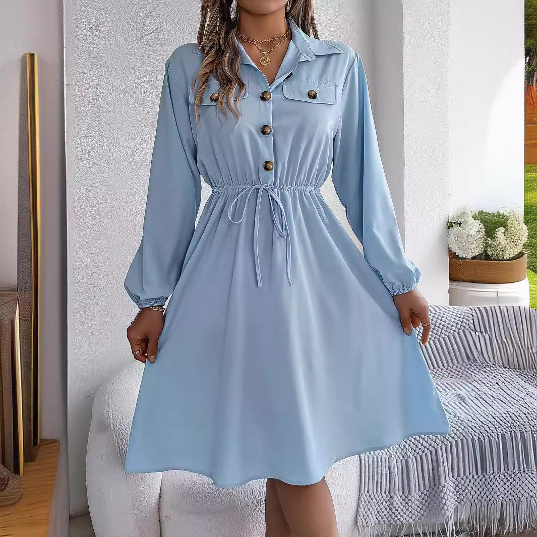 Real Shot Herbst Winter Casual Button Schnürung Taille Kontrollierte Langarm Shirt Kleid Frauen Kleidung