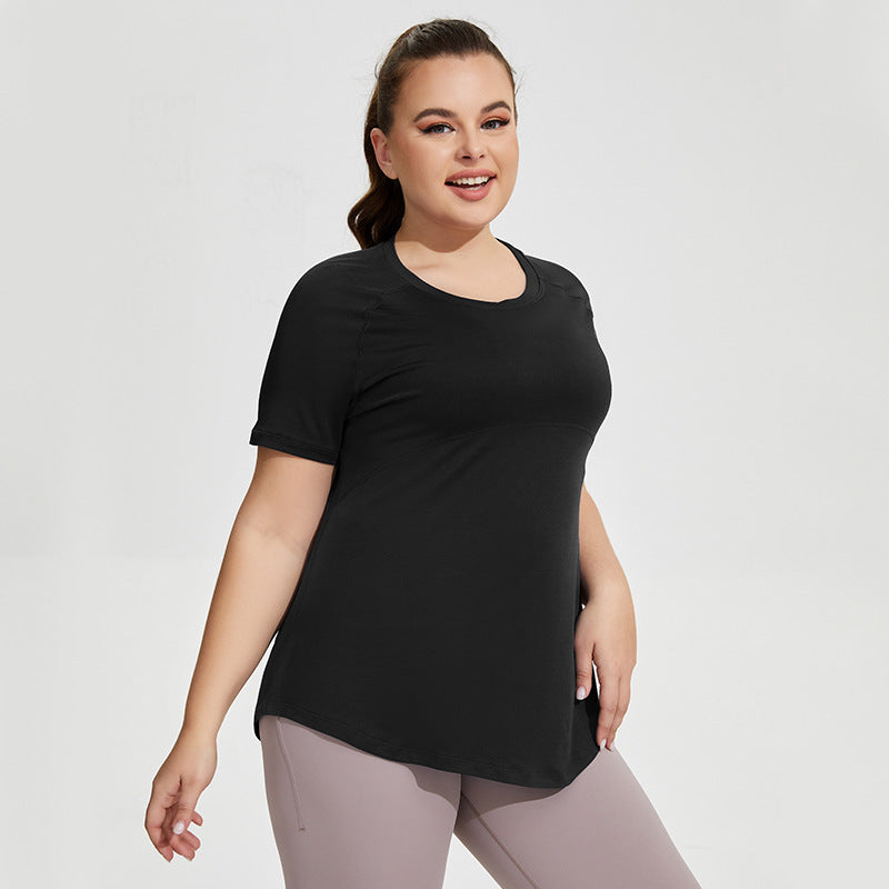 Ropa deportiva de talla grande para mujer, ropa fina de Yoga hasta el muslo, malla de belleza, espalda, transpirable, manga corta, para correr y Fitness