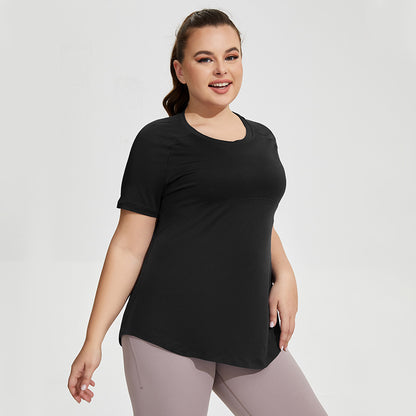 Ropa deportiva de talla grande para mujer, ropa fina de Yoga hasta el muslo, malla de belleza, espalda, transpirable, manga corta, para correr y Fitness