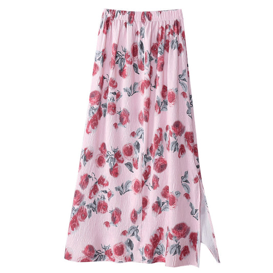 Vintage Floral Split Skirt Summer New High Waisted A Line Midi Length Skirt