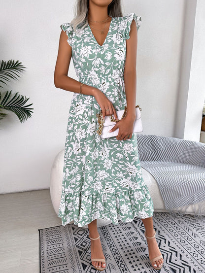 Spring Summer Casual Wooden Ear Floral Waist Slimming Maxi Dress Holiday Dress Women Clothing