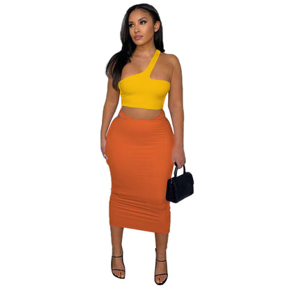 Summer Women Suit Sleeveless Irregular Asymmetric Hip Wrapped Skirt Set