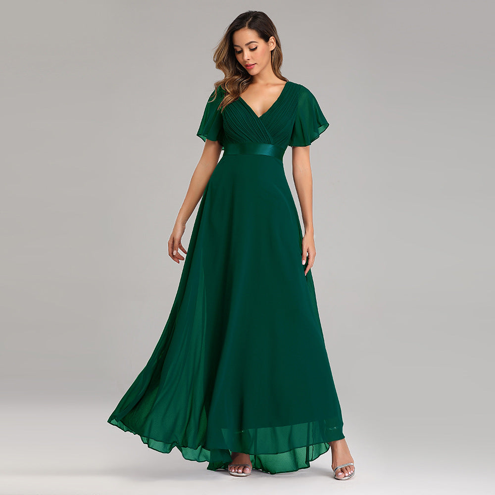 Handgefaltetes großes Kleid mit V-Ausschnitt, Chiffon, elastisch, Bankett, Brautjungfern-Abendkleid für Damen