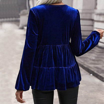 Small V neck Tight Waist Show Waistline Hem Pleated Long Sleeve Top