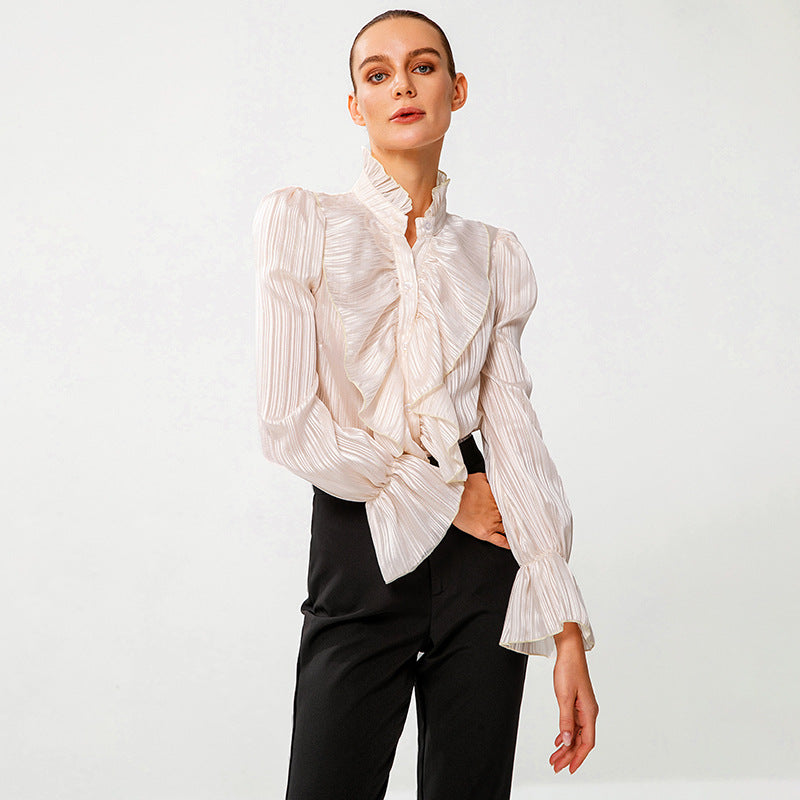 Women Clothing Long Sleeve Stand-up Collar Slim Fit Top Ruffled Buckle Shirt