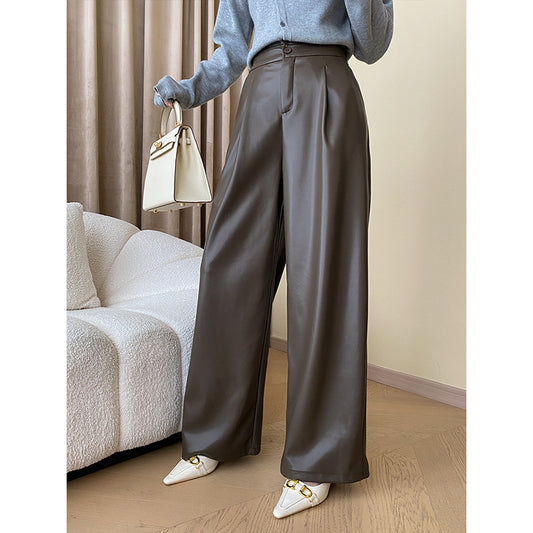 Urban Modern Soft Protein Leather Fleece Thickening Wide Leg Pants Fashionable Mopping Leather Pants