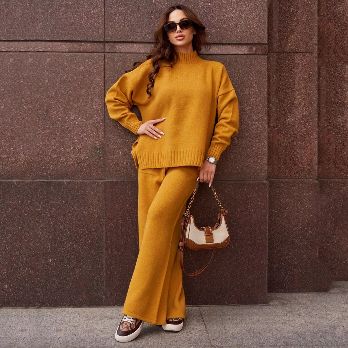 Women Clothing Solid Color Stand Collar Split Casual Sweater Sweater Pullover Knitted Trousers Loose Two Piece Sets