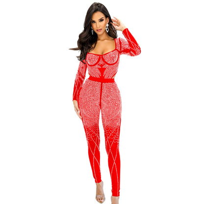 Women Solid Color Mesh Rhinestone Long Sleeved Trousers Jumpsuit