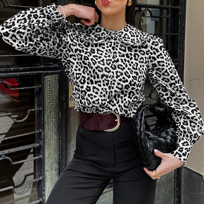 Camisa de mujer de manga larga con cuello y estampado de leopardo de algodón sexy Top de primavera y verano