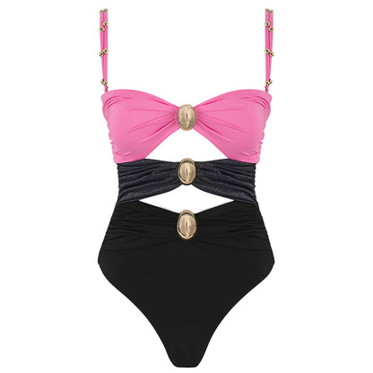 One-piece Swimsuit Women's Round Buckle Decoration Hollow Out Stitching Swimsuit Suit