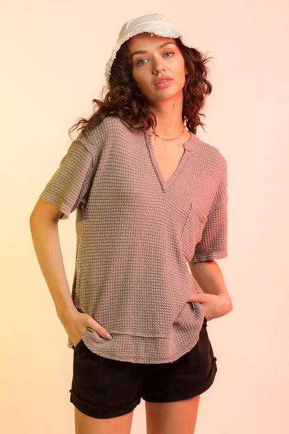 Summer Women T shirt Short Sleeve V neck Waffle Top