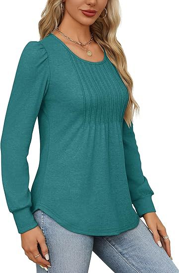 Damen Kleidung Puffärmel Taille Plissee Rundhals Langarm T-Shirt Top